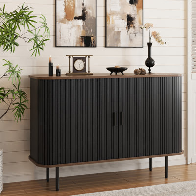 Buffet Buffet avec rangement, armoire de rangement cannelée noire avec bord arrondi et portes coulissantes, café, console d'appoint avec crédence pour la vie, la cuisine, le couloir