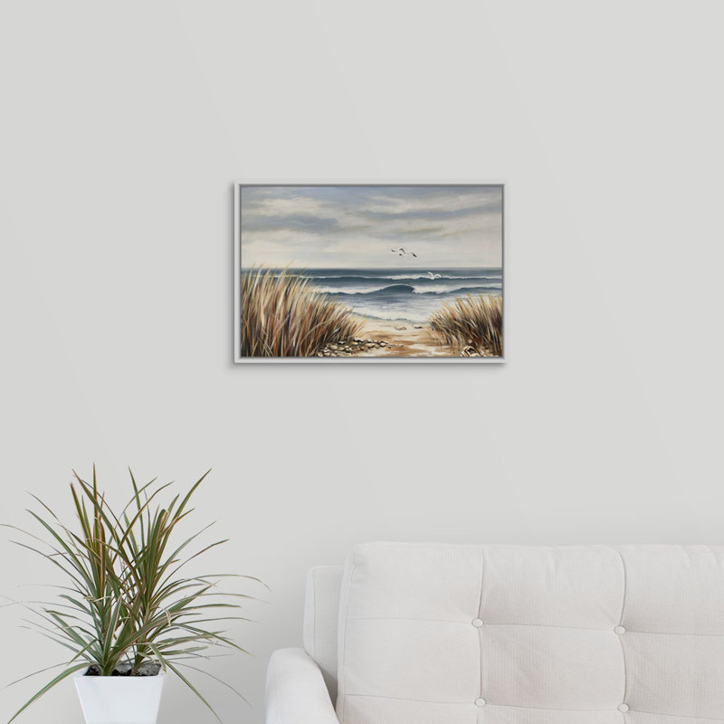 « seascape beach », peinture sur toile, H 13,7 po x l 19,7 po x p 1,75 po, Cadre flottant blanc