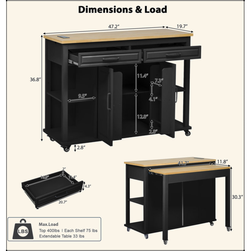 47 Inch Kitchen Island With Extendable Dining Table, Rubber Wood Veneer Kitchen Table With Internal Storage Rack, Power Outlet, Kitchen Island With Storage 2 Drawers 2 Cabinet