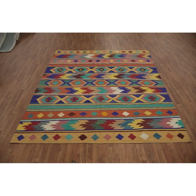 Tapis bohémien texturé Kilim 8 x 10 avec rayures dynamiques