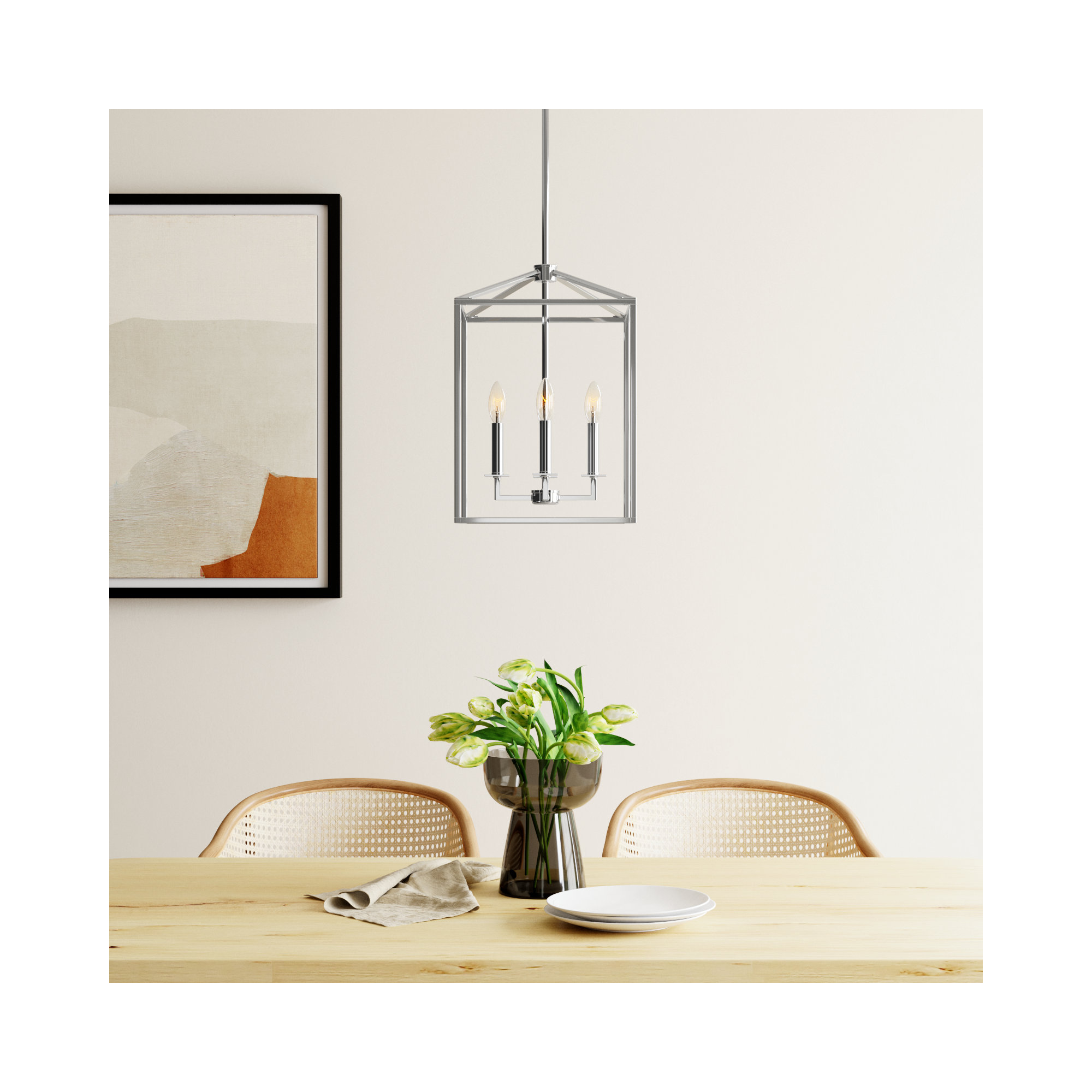 Ellis 4 - Light Metal Dimmable Lantern Chandelier, Chrome, 18.5" H x 12.25" W x 12.25" D, No