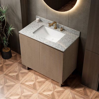 Meuble-lavabo 36 po, meuble autoportant, comptoir en granit naturel et lavabo en céramique avec 3 trous pré-percés pour robinet de salle de bain, démonté, sans robinet, sans ensemble de drain et couvercle d'évier, couleur grain de bois Heidelberg