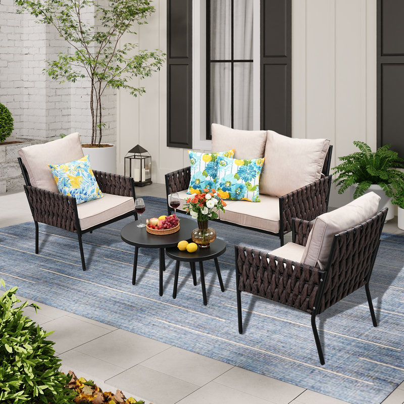 5 Pieces Patio Furniture Set,Outdoor Conversation Set with 2 Round Side Tables,Modern Metal Outdoor Couch with Waterproof Cushions for Backyard,Porch