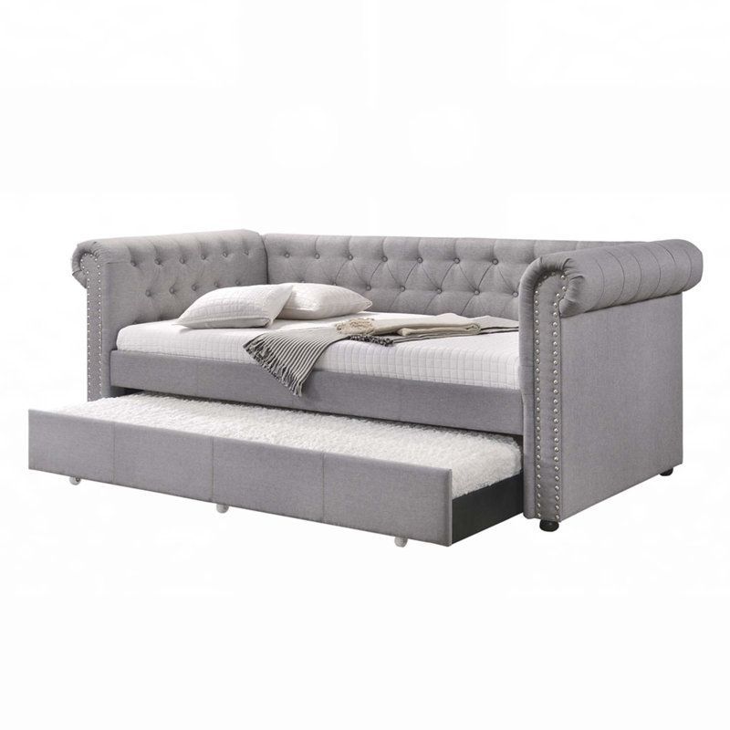 Justice Smoke Gray Fabric Daybed with Trundle, Hattie Size, Chesterfield Style, No Storage, Fully Padded for Comfort and Style