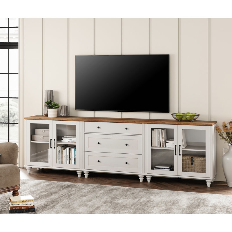 Scarlett Large TV Stand For 100 Inch TV, TV Console Table For 85 90 95 Inch TV, Entertainment Center With Wooden Drawers & Glass Doors For Living Room, Kitchen Sideboard Buffet Cabinet For Dining Room, White