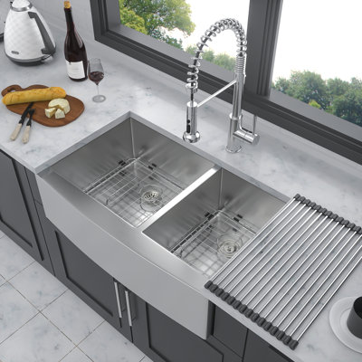 Double Bowl (60/40) Farmhouse Sink- 36" X 20" X 9" Stainless Steel Apron Front Kitchen Sink 16 Gauge With Two 9" Deep Basin