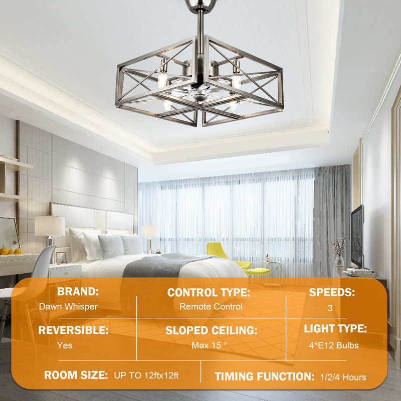 20" 4-Light Brushed Nickel Caged Ceiling Fan with Light and Remote Control, Industrial Cube Geometric Ceiling Fan for Bedroom, Living Room