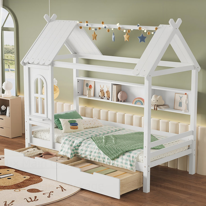 Charmant lit maison avec tiroirs et tablettes de rangement, idéal pour l'imagination et l'organisation, Blanc clair, Twin