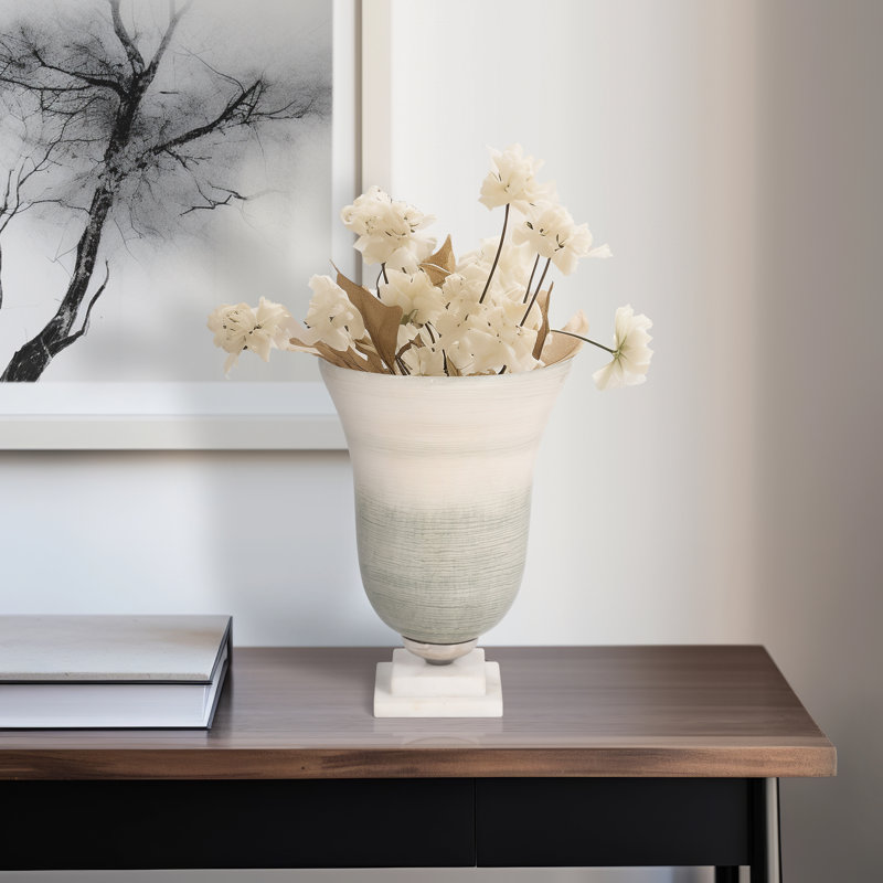 Glass Vase with Aluminum Connector and Stone Base in Glam Style Crafted from Glass Metal and Stone, 12" H x 8" W x 6.55" D