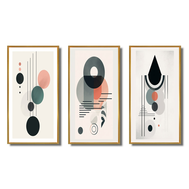 «Pure Lunar Imagination Geometric Minimalisme IV», ensemble de 3 impressions, Encadrement doré, H 20 po x l 36 po