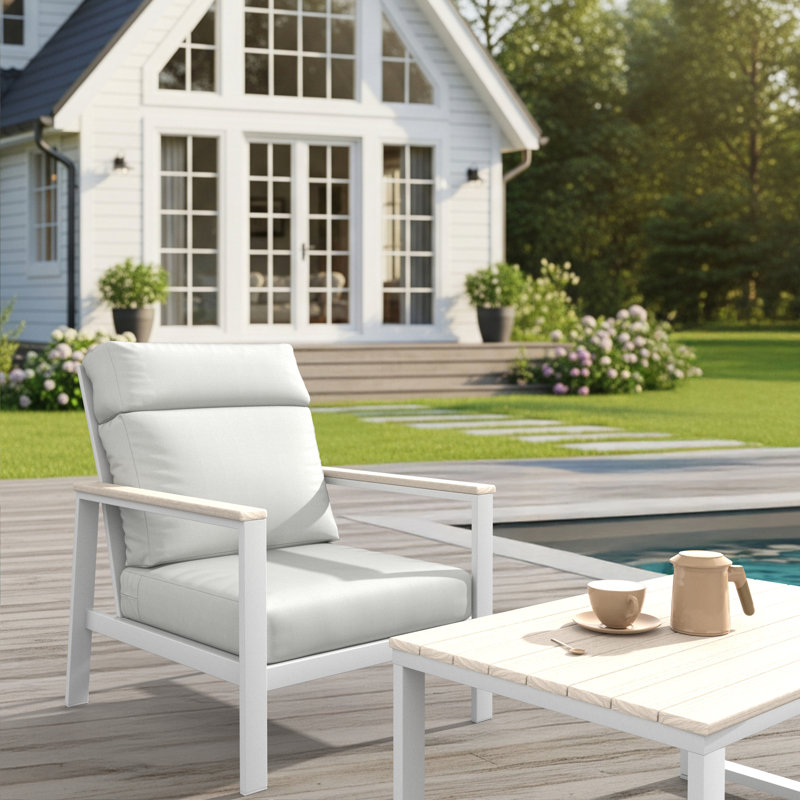 Fauteuil club d'extérieur en métal avec coussin Sunbrella Townsend, Toile blanche