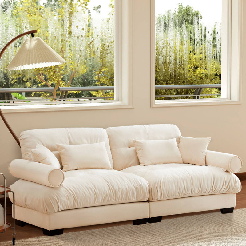 93.7" Velvet Upholstered Sofa, Cream