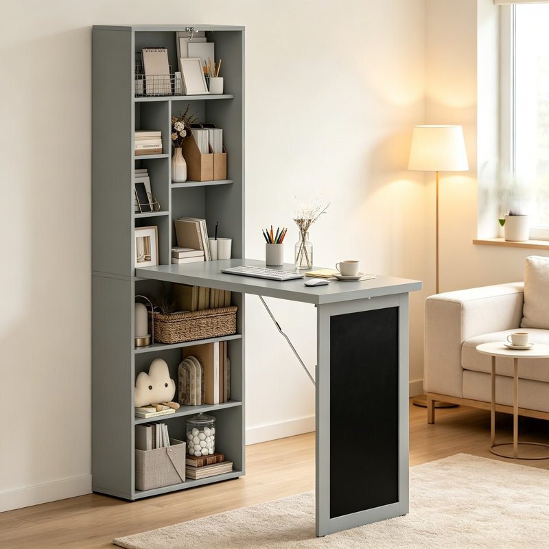 Poste de travail mural gris anthracite pliable multifonctionnel avec tableau noir et tablette de rangement réglable - Bureau d'ordinateur et atelier de couture mural peu encombrant