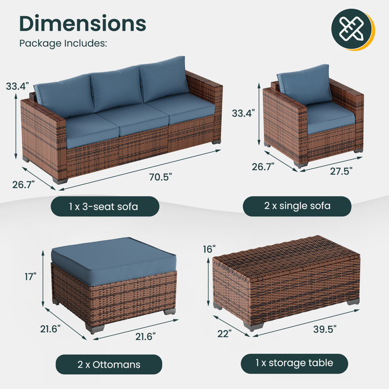 Wicker Sofa Seating Group with Storage Deck Box and Ottomans, Blue