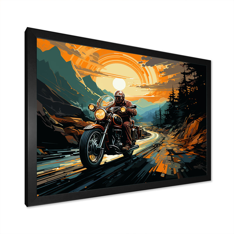 Expressionniste à moto, art mural sur toile, Cadre simple noir, H 24 po x l 32 po x P 1 po