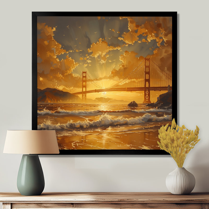 Impression d'art mural jaune et blanc Golden Gate Bridge - Ponts, H 16 po x l 16 po x P 1 po, Cadre simple noir