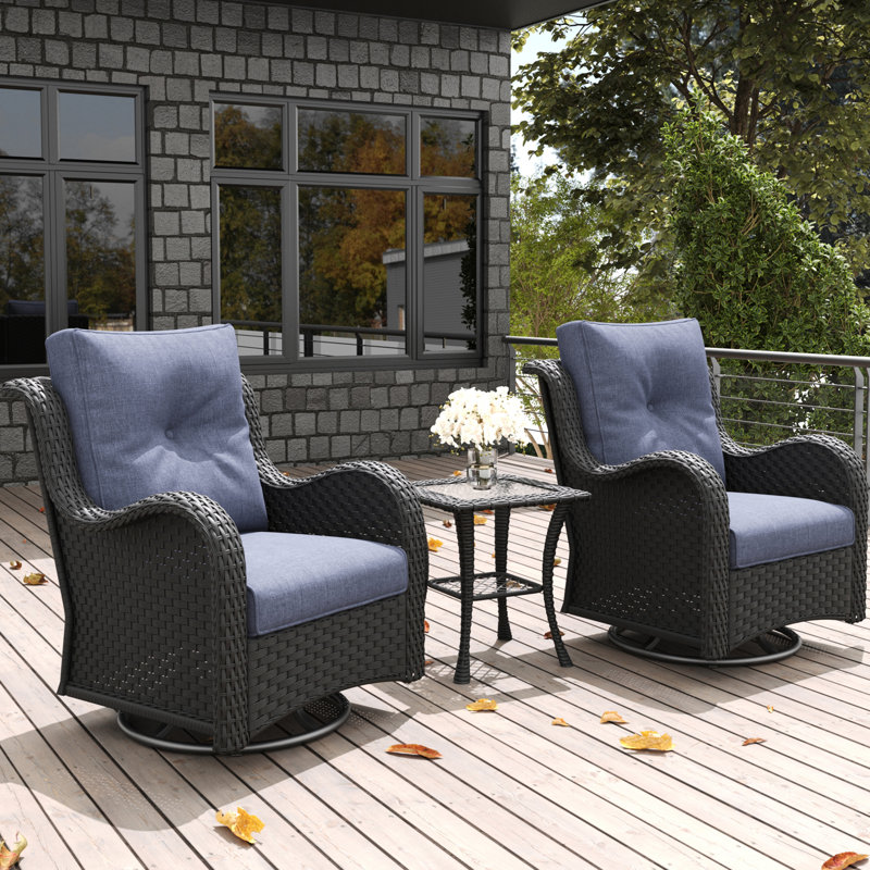 LayinSun 3 Pieces Swivel Gliders Patio Chairs Set With Side Table, Navy, Black