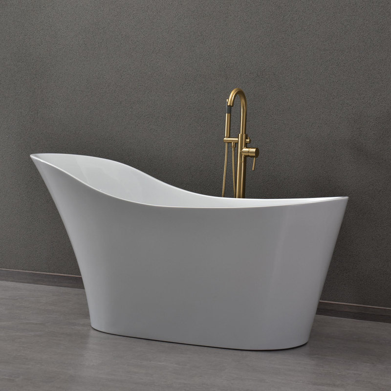 59" x 28" Freestanding Soaking Acrylic Bathtub with Reversible Drain, White/Brushed Gold