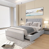 Size Bed Frame With 4 Storage Drawers And Wingback Headboard, Button Tufted Design,