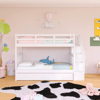 Lit superposé simple au-dessus de simple avec trois tiroirs et cadre en bois