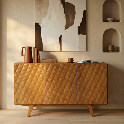  Sapa 53" Solid Wood Sideboard with 3D Carved Geometric Doors, 3 Doors, Adjustable Shelves, Mid-Century Modern Design, Easy Assembly, Rustic Oak