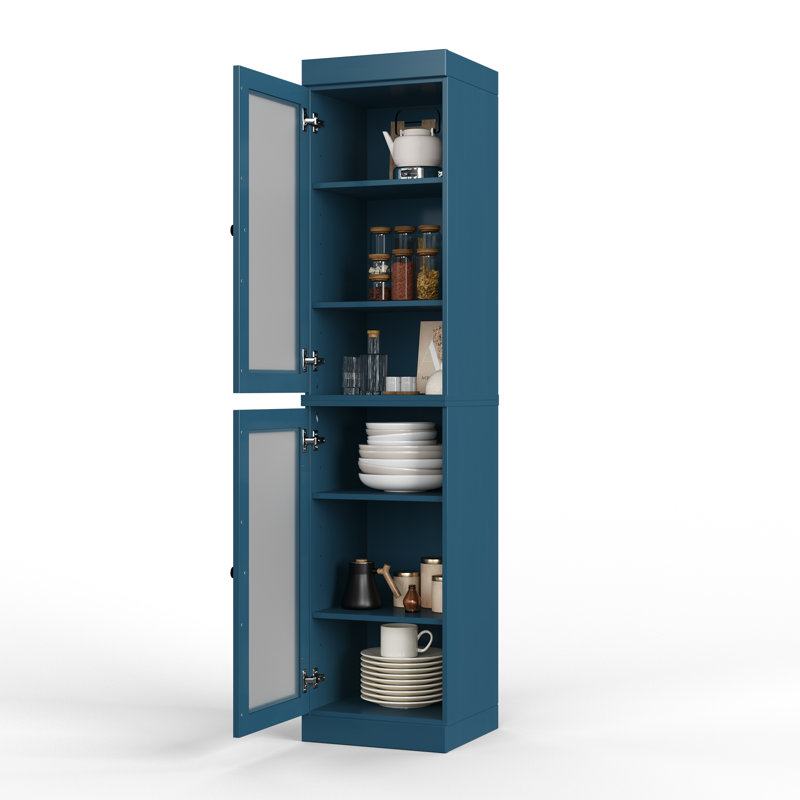 Garde-manger Jaylena 100% bois massif 16,5 po avec portes en verre givré et tablettes réglables, Bleu sarcelle