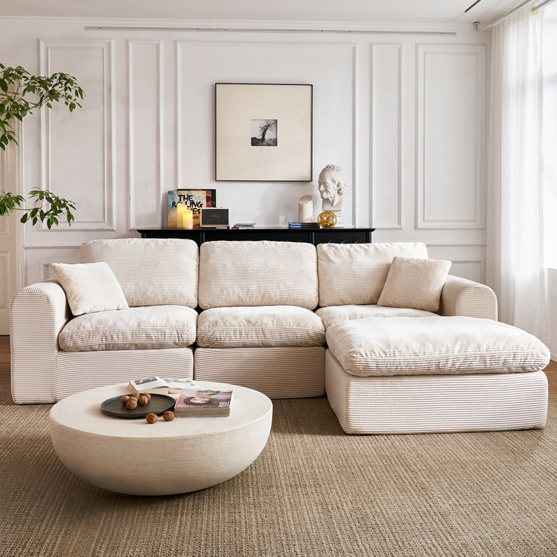 108" Boneless Couch for Living Room, Compression Cloud Couch with L-Shape Ottoman, Deep Seat Corduroy Modular Sectional Sofa, No Assembly Required (Beige, 3 Seater + Ottoman)