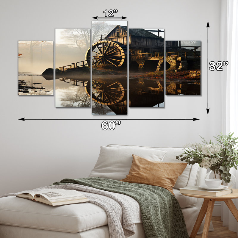 «Brown Grey Mills Misty Morning Millan», reproduction sur toile - 5 panneaux