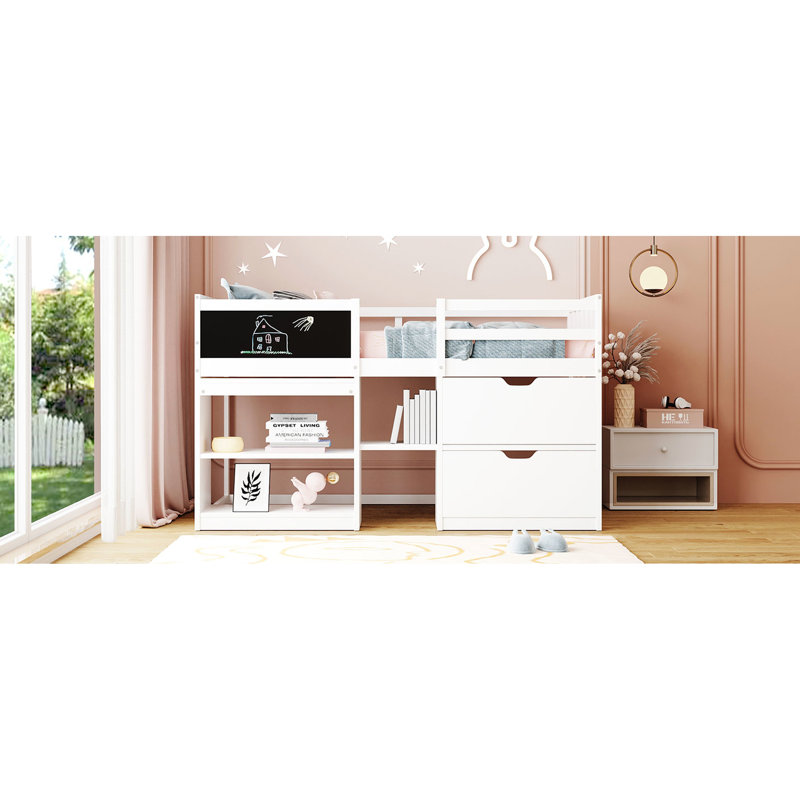 Lit mezzanine simple de taille simple en blanc avec rangement roulant - Bois massif pour un bureau de configuration de chambre à coucher pratique