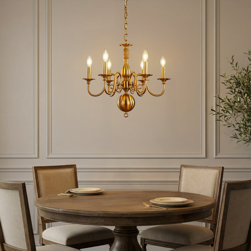 24'' 6-light Dimmable French Country Chandelier In Antique Brass Adjustable Vintage Candle Style Pendant Lighting For Dining Room Or Foyer