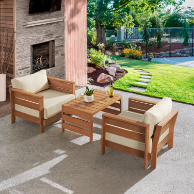 Barton 36"W Solid Wood 2 Pc Patio Arm Chair 1 Pc Coffee Table Weather Stain Fade Resistant Cushions