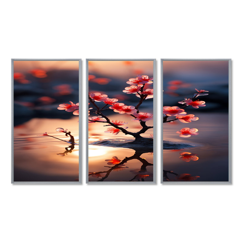 Osby - ensemble de reproductions d'art mural cerisier en fleurs, Encadrement argenté, H 32 po x l 48 po x P 1 po