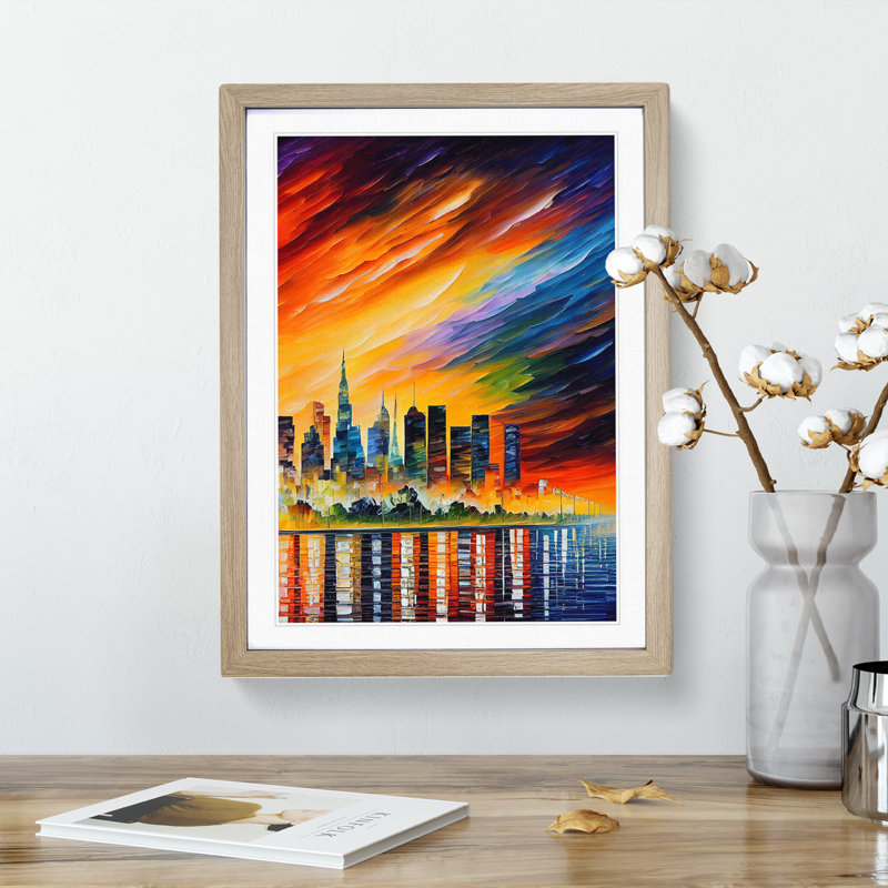 City Skyline At Sunset No.2 - Single Picture Frame Painting, 64cm H x 46cm W x 2cm D, Oak