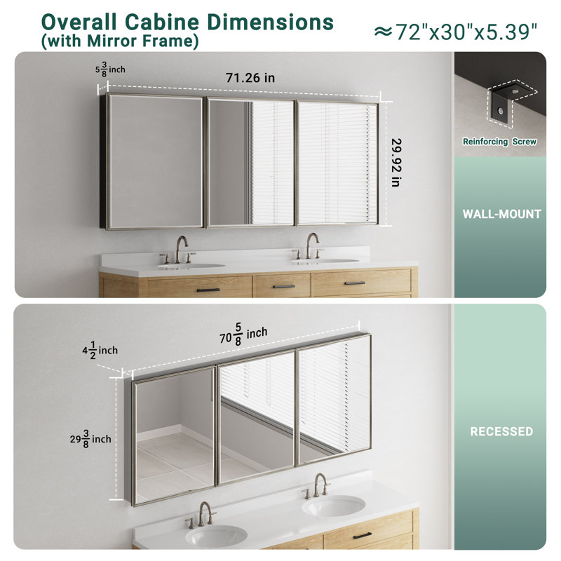 Belwood Framed Medicine Cabinet with Beveled Mirrors, Soft-Close Doors & Adjustable Glass Shelves, Recessed or Surface Mount
