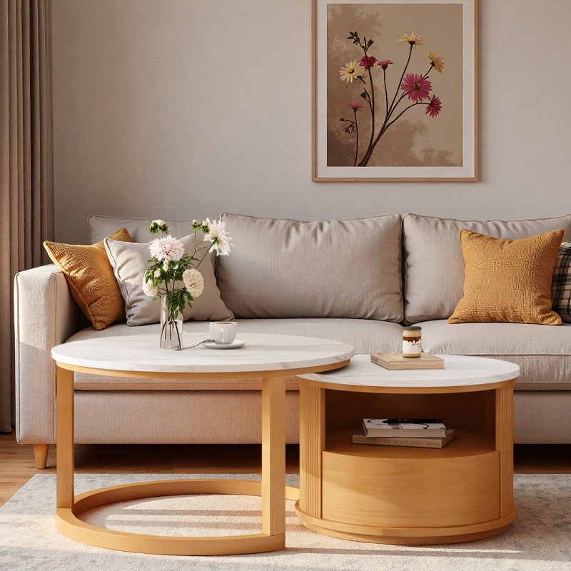 Table basse ronde gigogne avec plateau en marbre blanc, rangement à 2 niveaux et 1 tiroir