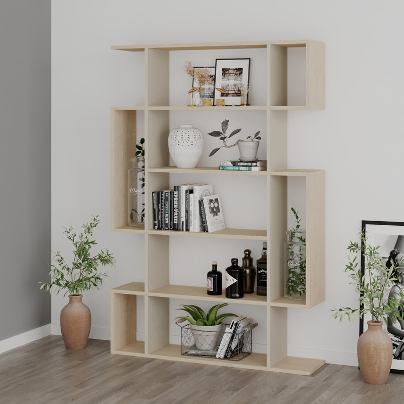 Mito 5 Tiers Wall Mounted Bookcase Modern Display Unit, Beige/Sandstone