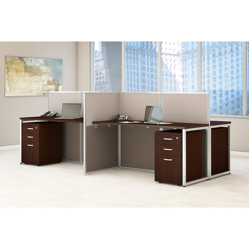 Easy Office 60W 4 Person Cubicle Desk with File Cabinets and 45H Panels, Mocha Cherry