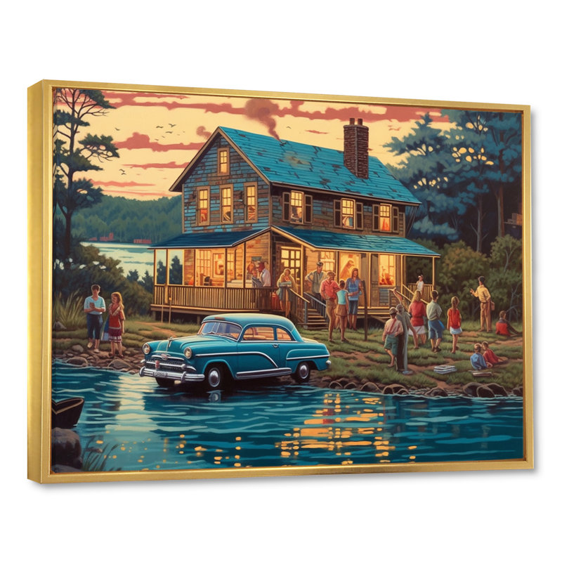 Ger été séché, Vaccation au chalet V sur toile, H 16 po x l 32 po x P 1 po, Cadre flottant doré