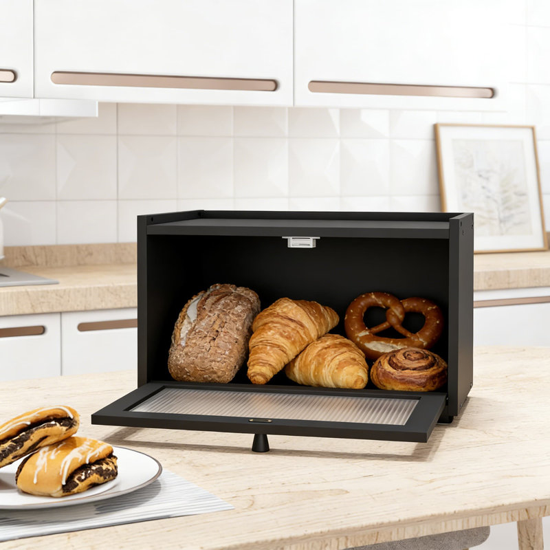 Grand contenant à pain avec porte en acrylique transparent ondulé, boîte à pain empilable en bambou pour comptoir de cuisine, garde-pain en bois de style maison de campagne avec plateau plat et base antidérapante