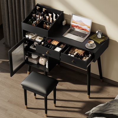 Meuble-lavabo moderne avec tiroirs, armoire et port de charge, ensemble de coiffeuse avec tabouret pour petits espaces, noir