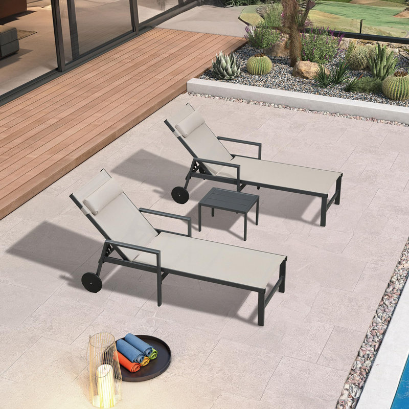 Patio Lounge Chair Set Of 3 Outdoor Chaise Lounger Aluminum Frame With Armrest Side Table And Wheels, Beige