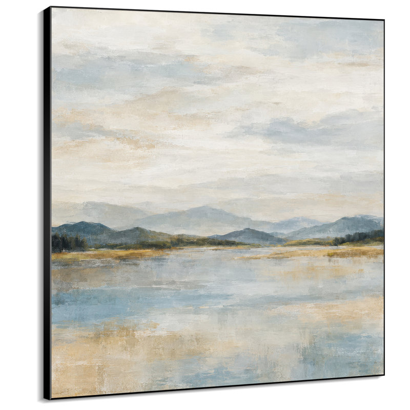 Extra Large Wall Art Fabric Print - Misty Blue Beige Mountain Lake Landscape Design for Living Room or Bedroom - "Frame Assembly Required (Unfinished Frame)"