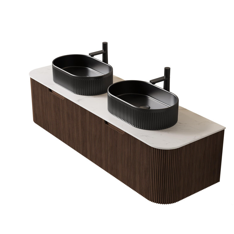 Meuble-lavabo mural 60 po avec 2 lavabos ovales en céramique noirs et 2 tiroirs, 60"