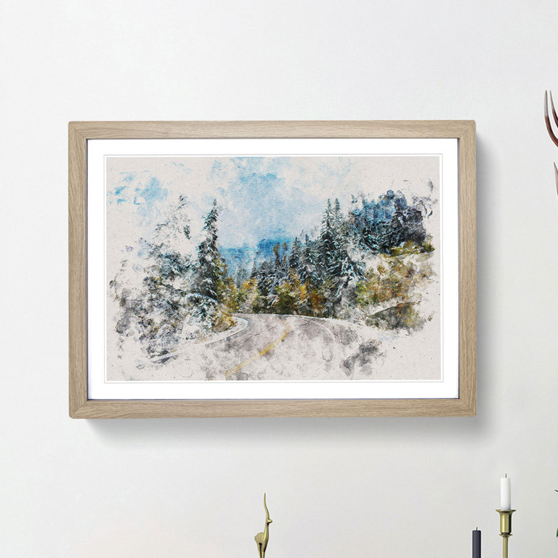 Winter Forest Road Watercolour - Single Picture Frame Print on MDF, Oak Framed, 62cm H x 87cm W x 2cm D