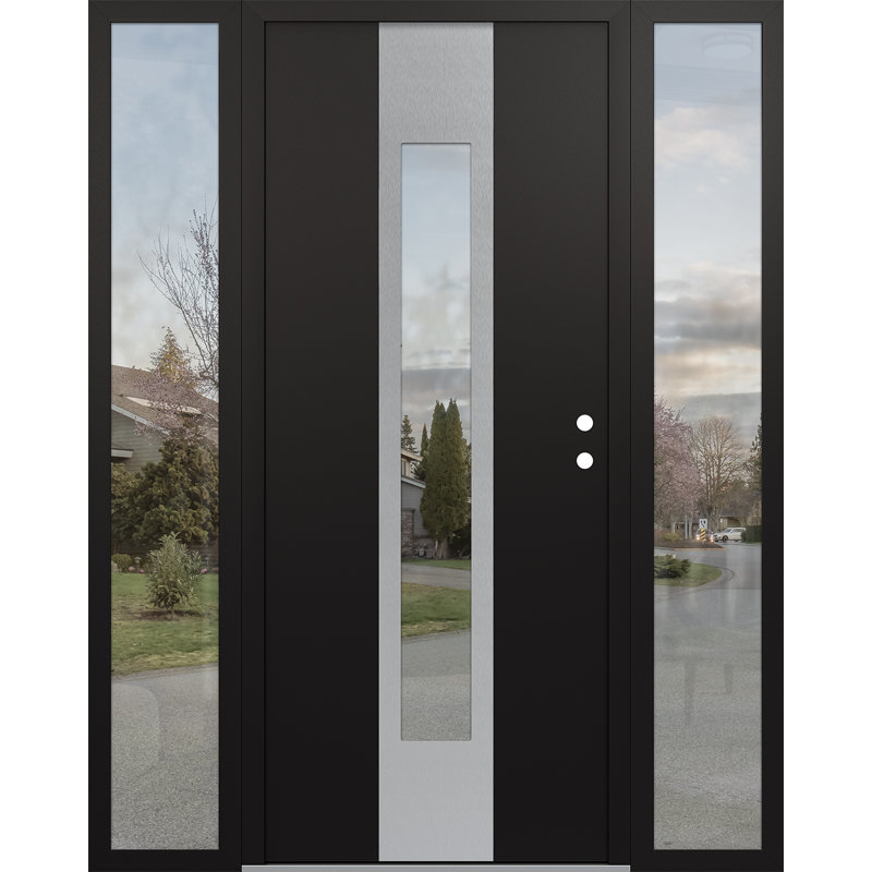 Porte d'entrée pré-suspendue en acier argenté à panneau droit Diamond One avec deux panneaux latéraux Diamond, Noir, Clair