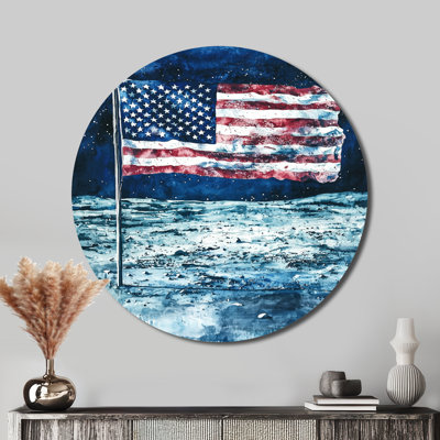 Drapeau des États-Unis sur la lune, atterrissage I - espace, reproduction d'art en métal blanc, décoration murale ronde en métal espace