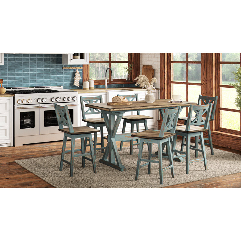 X Base Counter Height Dining Table In Blue, Solid Wood + Casual Blue With Base,