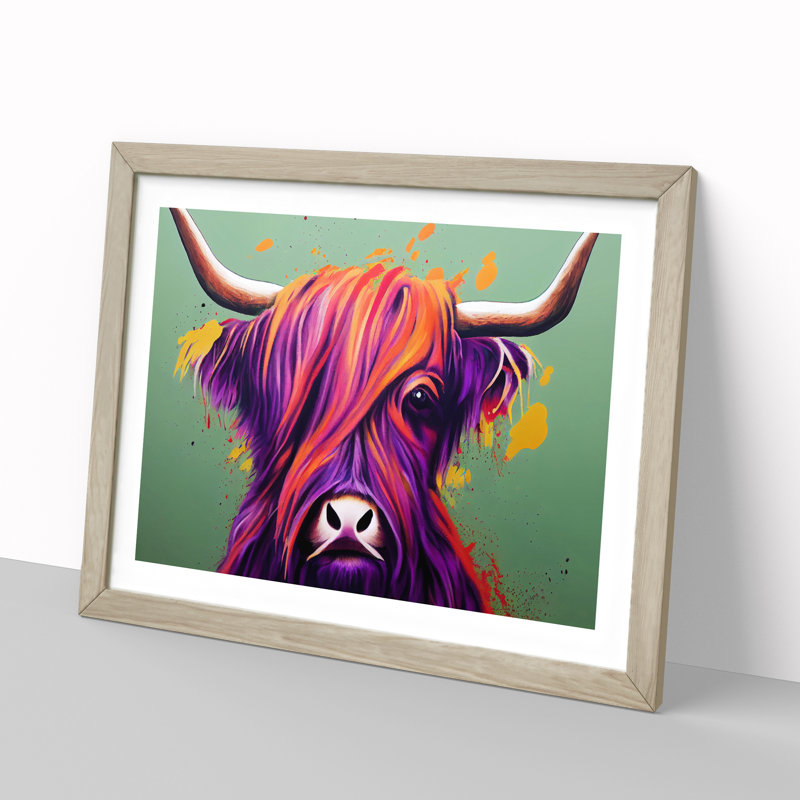 Highland Cow Splash Vol.2 Abstract - Single Picture Frame Print, 46cm H x 64cm W x 2cm D, Oak