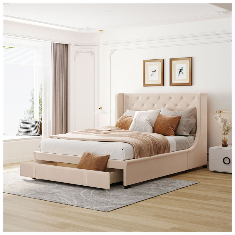 Darcy-Mae Upholstered Wingback Storage Bed, Beige