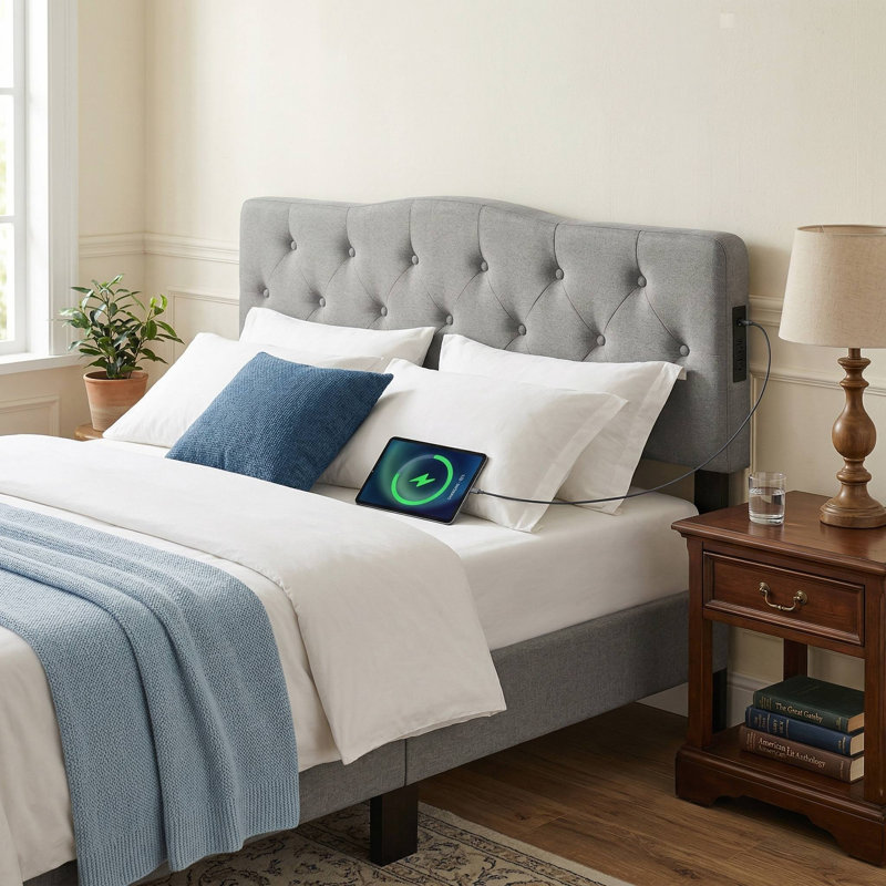 Queen/Full Size Universal Tufted Upholstered Headboard, Built-In 2 AC Outlets & Adjustable Mounting Height, Stain-Resistant Soft Fabric